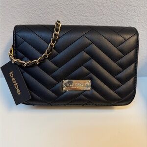 Bebe Black Quilted Clutch with Gold Chain